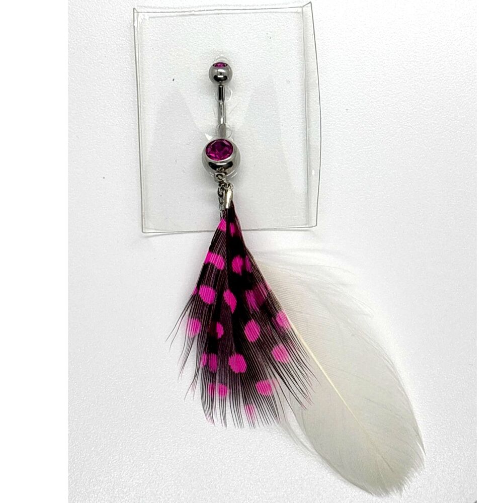 Pink Polka Dot and White Feather Dangle Navel Ring